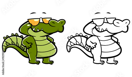 Funny Alligator Summer Vacation Vector. Cute Crocodile Character for Kids Sticker, Preschool Education, Summer Camp Branding, and Line Art Coloring Page