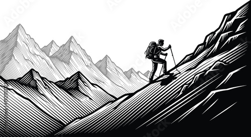 Mountain hiking adventure illustration, lone backpacker climbing steep alpine peak landscape in vintage black and white engraving style