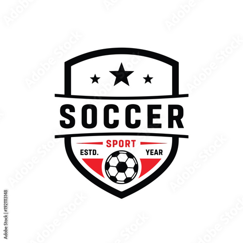 Dynamic soccer sport emblem design with classic shield and ball icon for team branding concept