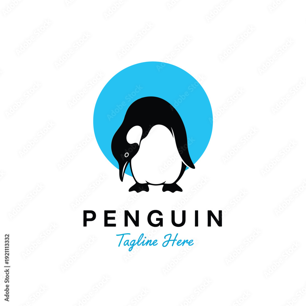 Obraz premium Minimalist vector illustration of a penguin against a blue circle, clean animal logo design concept