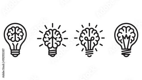 Set of Brain Light Bulb Icons Representing Creative Ideas and Innovation Line Art Vector Illustration