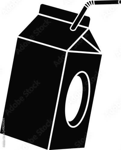 Black and white illustration of a juice carton with a straw