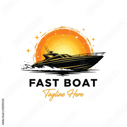 Dynamic Speed Boat Vector Illustration with Sunset and Stars for Water Sports
