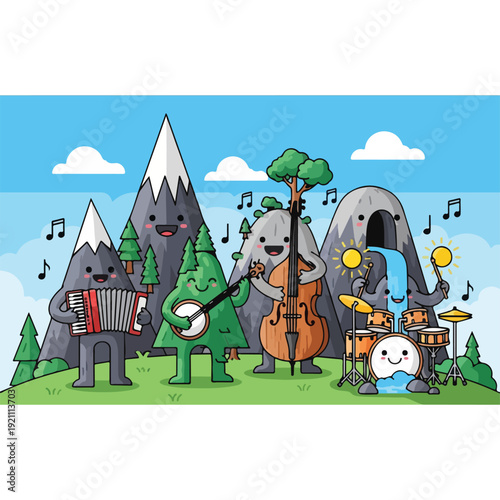 Cartoon band of mountains, trees, and other nature playing musical instruments