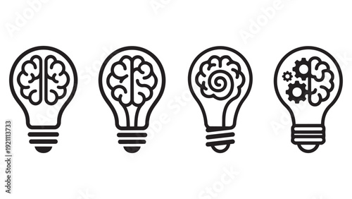 Creative Idea and Innovation Icons: Set of Outline Lightbulbs with Brains and Gears Symbolizing Intelligence, Problem Solving, and Conceptual Thinking