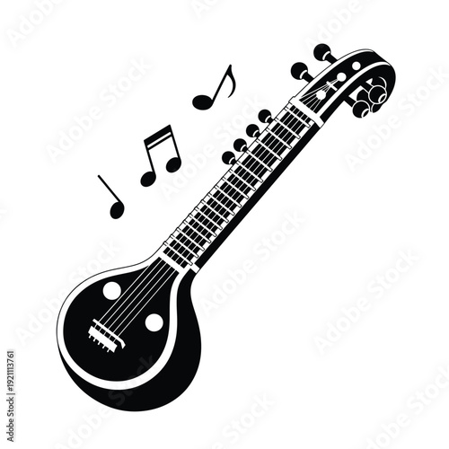 Elegant graphic of a traditional plucked string instrument emitting musical notes