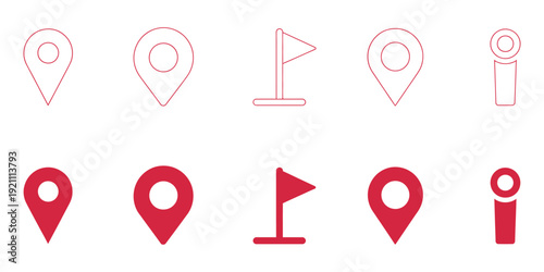 Map pin and location icons collection featuring address, GPS, place markers, flag signs, direction points