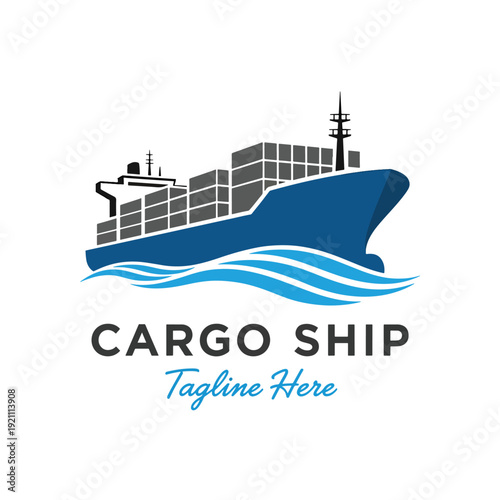 Graphic illustration of a large cargo container ship transporting freight across ocean waves