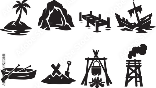 Island Survival and Adventure Silhouette Icon Set with Palm Tree, Cave, Shipwreck, Boat and Campfire Vector Isolated on White