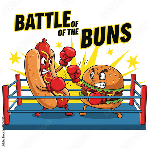 Dynamic cartoon illustration: hot dog and hamburger characters engage in an epic boxing ring battle.