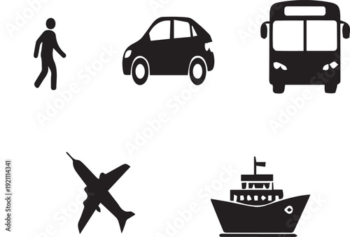 Transportation Icons Set Pedestrian Car Bus Airplane and Ship Vector
