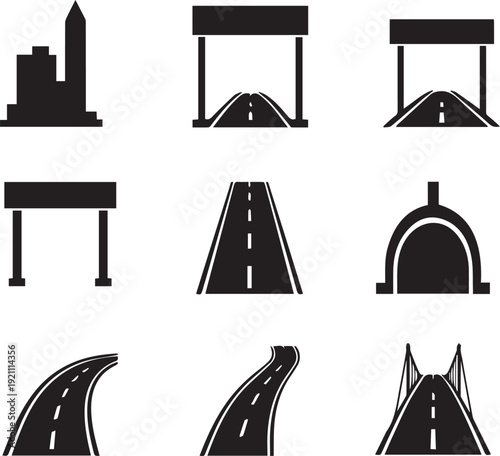 Fotografía Road Highway Tunnel and City Infrastructure Silhouette Vector Icons