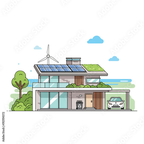 Cartoon illustration of a modern house powered by green energy