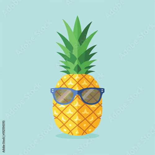 Cartoon illustration of a pineapple wearing sunglasses with a light blue background