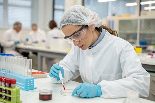A woman in a lab coat is wearing a mask and gloves as she works on a petri dish