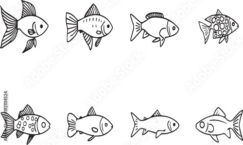 Aquarium Fish Outline Icon Set Tropical Freshwater Vector Collection