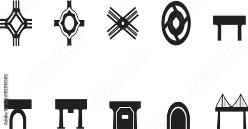 Rail Network Junction and Bridge Silhouette Icons Black Vector Set