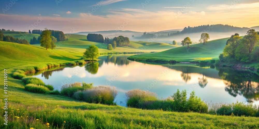 Fototapeta premium Serene Sunset Landscape Featuring a Tranquil Pond Reflecting the Golden Hour Sky and Lush Green Rolling Hills