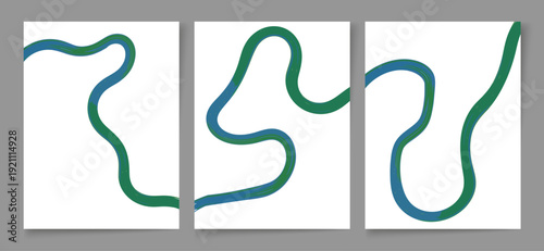 Abstract minimalist vector graphic design illustrating winding blue and green serpentine river paths across three separate vertical panels.