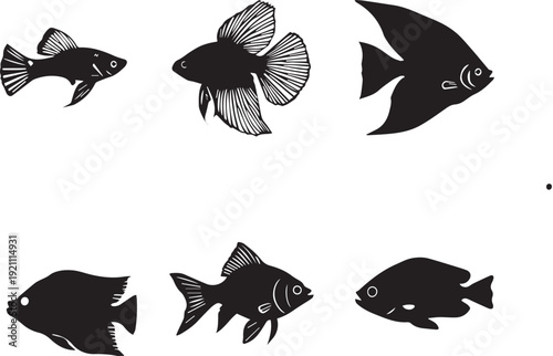 Minimal Tropical Aquarium Fish Silhouette Set Black Vector Icons