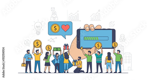 Crowdfunding concept: Diverse people holding money, gifts, and phone with progress bar