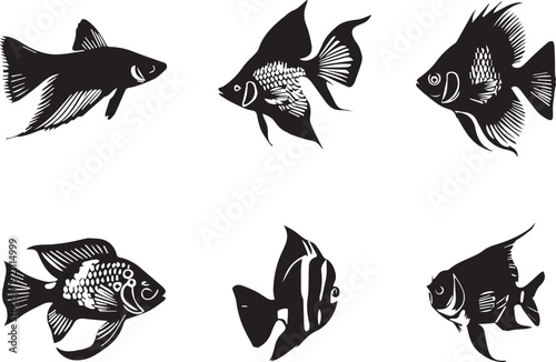Detailed Tropical Aquarium Fish Silhouette Set Black Vector Icons