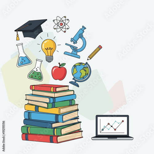 Stack of Books and Science Icons with Laptop