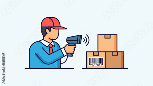 Worker scanning barcodes on inventory boxes in a warehouse