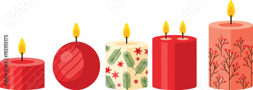 Decorative holiday candles illustration, festive seasonal design with lit flames, striped, spherical, pine branch and berry patterns – flavector