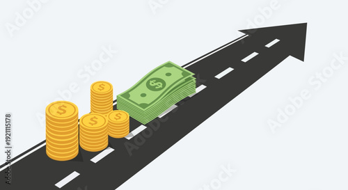 Financial Growth Road: Money Stack and Coins on Arrow Highway