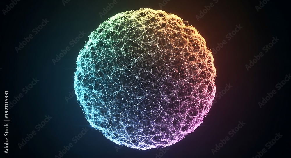 Naklejka premium Abstract digital sphere background with glowing colorful nodes and network lines for global connectivity and big data