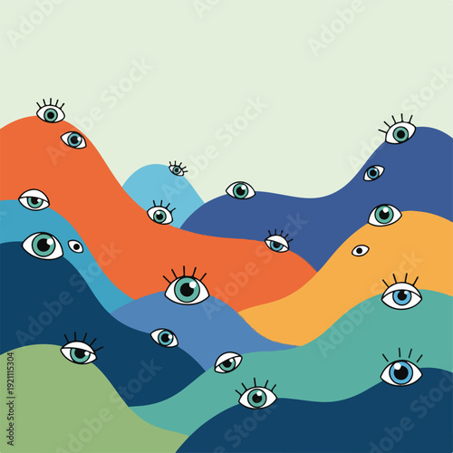 Cartoon-style illustration of colorful, wavy landscapes with peering eyes