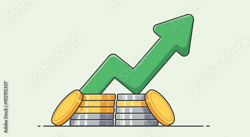 Green arrow graph showing financial growth with stacks of gold and silver coins