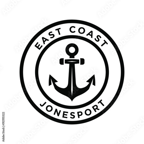 Vector illustration icon black and white anchor logo with east coast jonesport text in a circular emblem