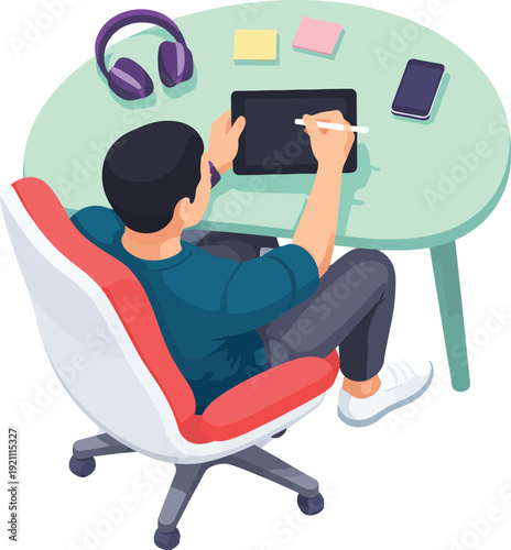 A person working on a tablet at a small desk with office supplies around.