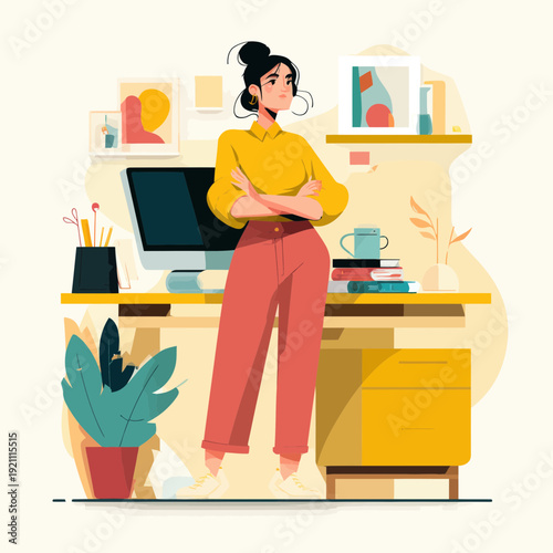 Confident Woman Standing in Modern Office Workspace
