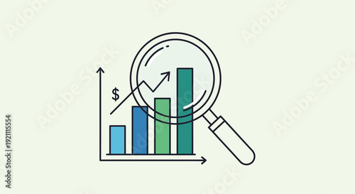 Magnifying glass over growing bar chart with upward trend arrow and dollar sign