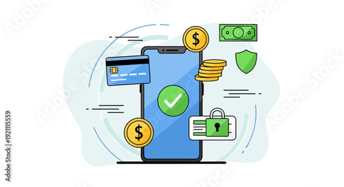 Mobile payment concept with credit card, coins, money and security icons