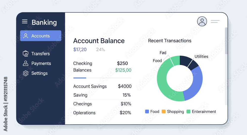 Naklejka premium Online Banking App Interface: Account Balance and Transaction Pie Chart