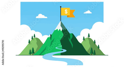 Mountain Peak Achievement Flag with Dollar Sign, Business Success Goal