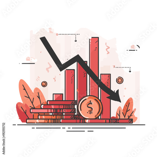 Economy Falling Graph With Coins and Downward Arrow