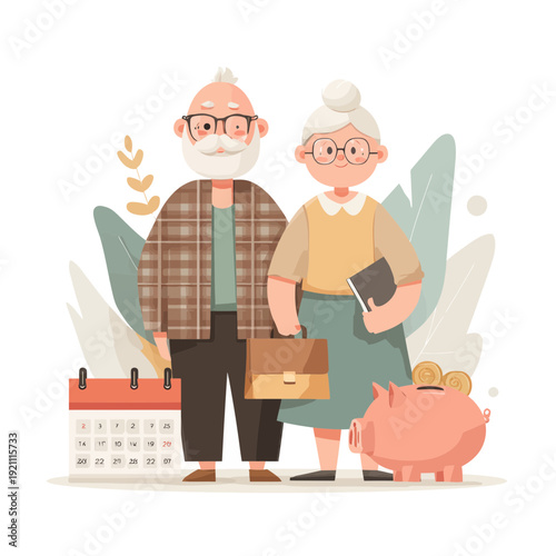Elderly Couple Planning Retirement with Savings and Calendar