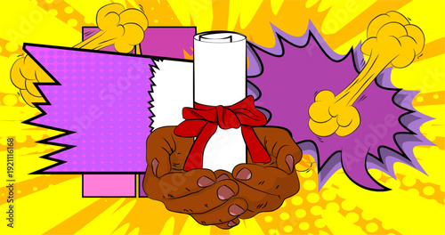 Cartoon, comic book human hands holding Diploma, rolled paper with ribbon. Retro vector comics pop art design.