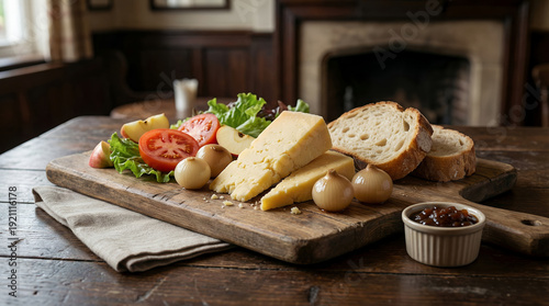 Traditional Ploughman’s Lunch with Cheddar and Bread, Classic British Pub Platter