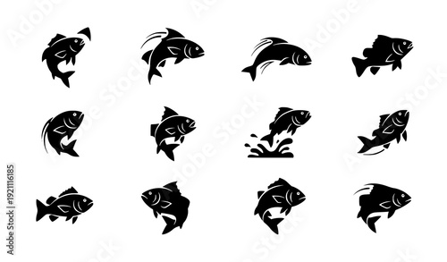 Jumping fish silhouette icon set dynamic aquatic jump poses vector collection isolated on white