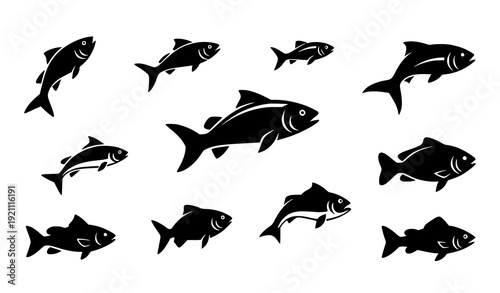 Minimal jumping fish silhouette vector icons scattered layout aquatic symbol set isolated on white background