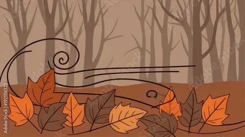 An autumn scene depicting leaves blown by wind in a sepia-toned forest with bare tree trunks
