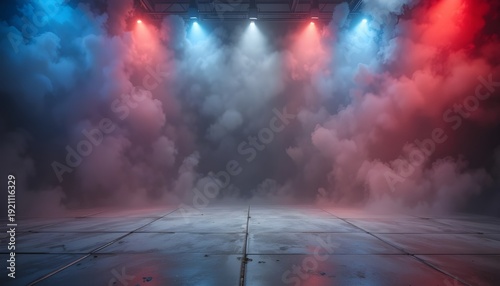 Empty Studio Dark Room with Red and Blue Lighting Effects on Foggy Concrete Floor Gradient Background