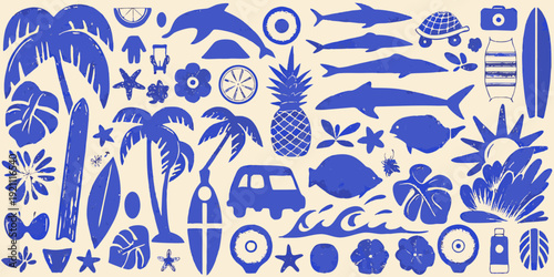 Blue tropical collage featuring marine life plants and summer objects