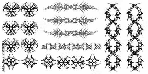 Collection of intricate black tribal style tattoo designs on white background